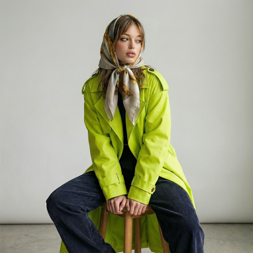 Mlle Ceinté Paris 100% silk twill scarf, gold chain knot design on beige, hand-rolled hem detail.