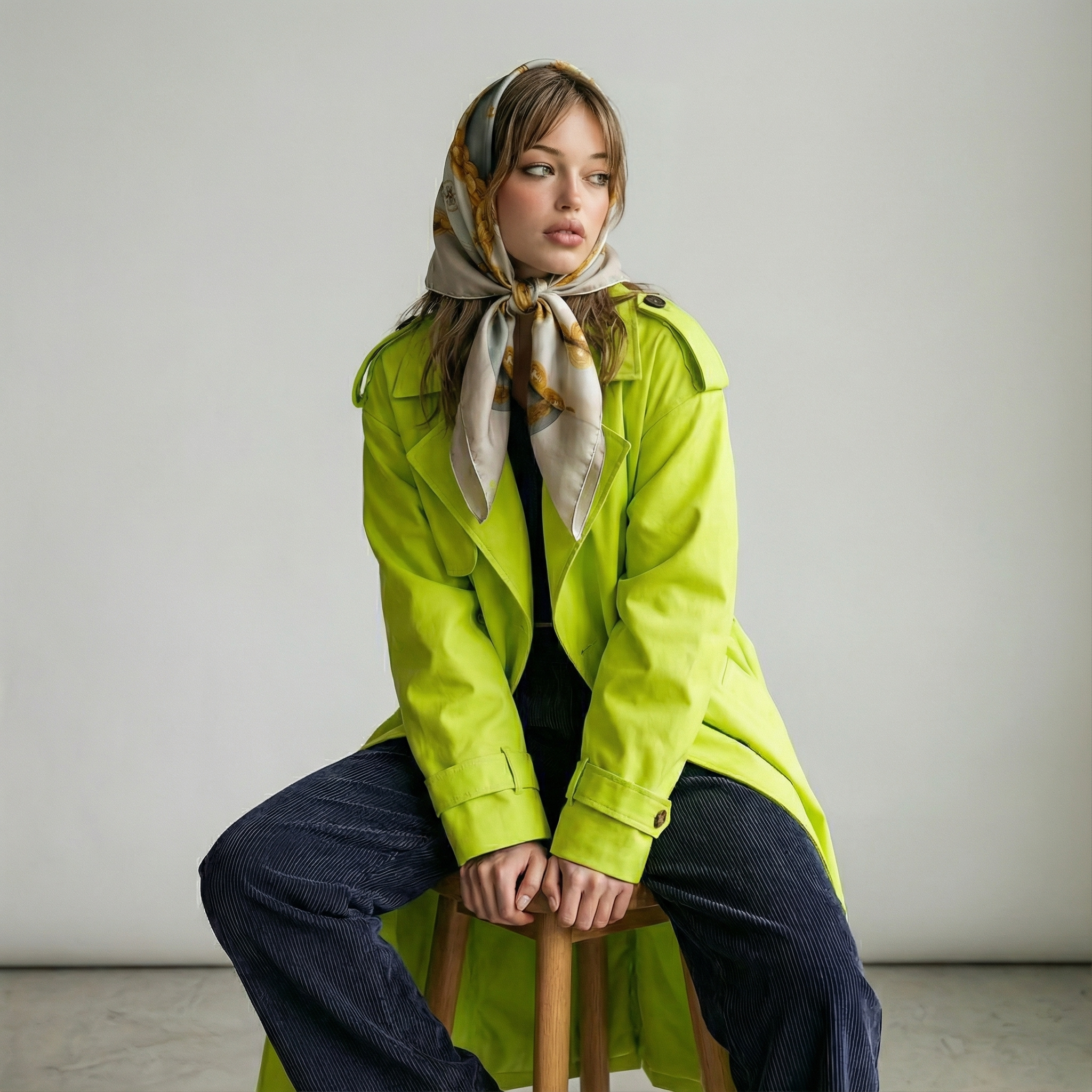 Mlle Ceinté Paris 100% silk twill scarf, gold chain knot design on beige, hand-rolled hem detail.