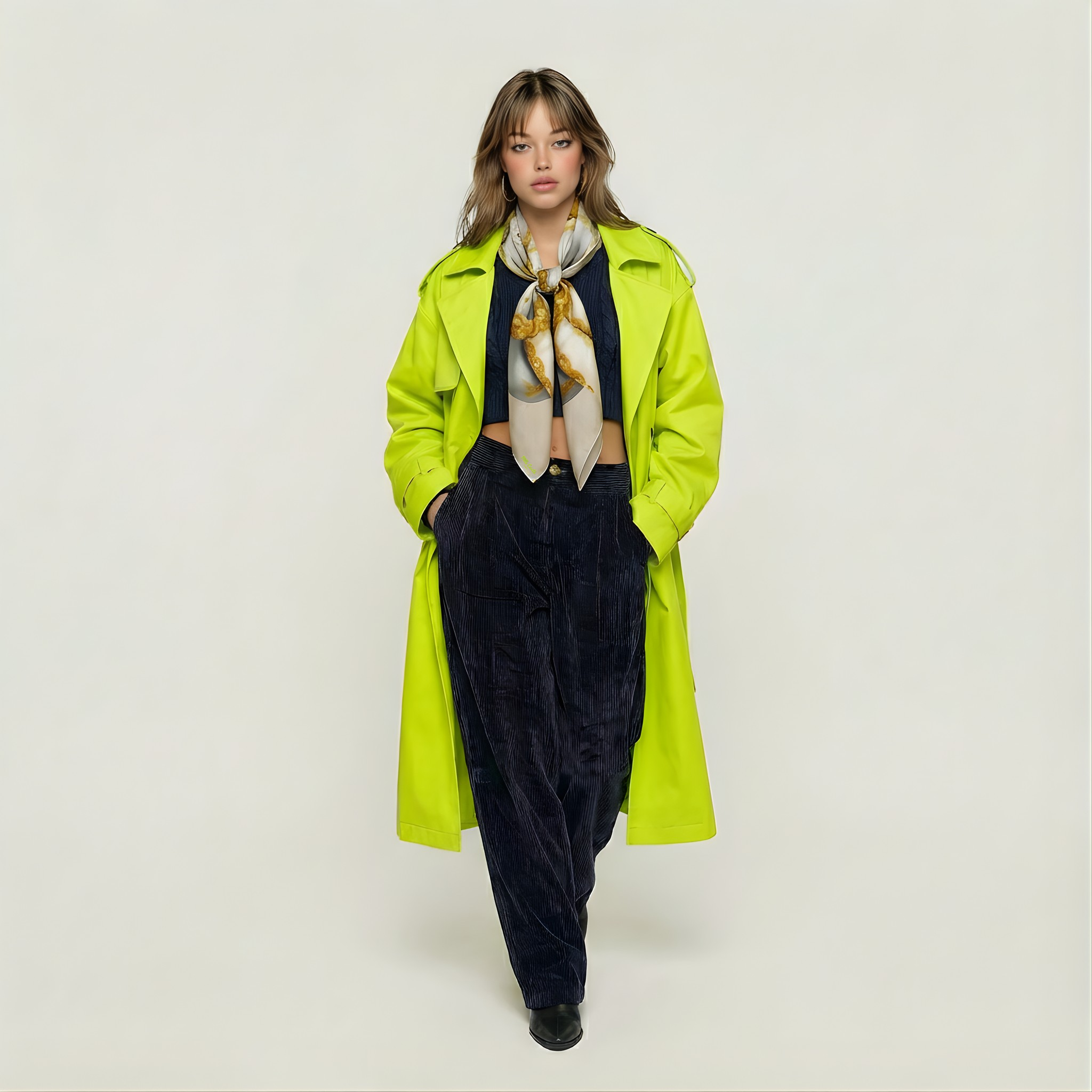 Mlle Ceinté Paris 100% silk twill scarf, gold chain knot design on beige, hand-rolled hem detail.