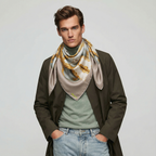 Mlle Ceinté Paris 100% silk twill scarf, gold chain knot design on beige, hand-rolled hem detail.