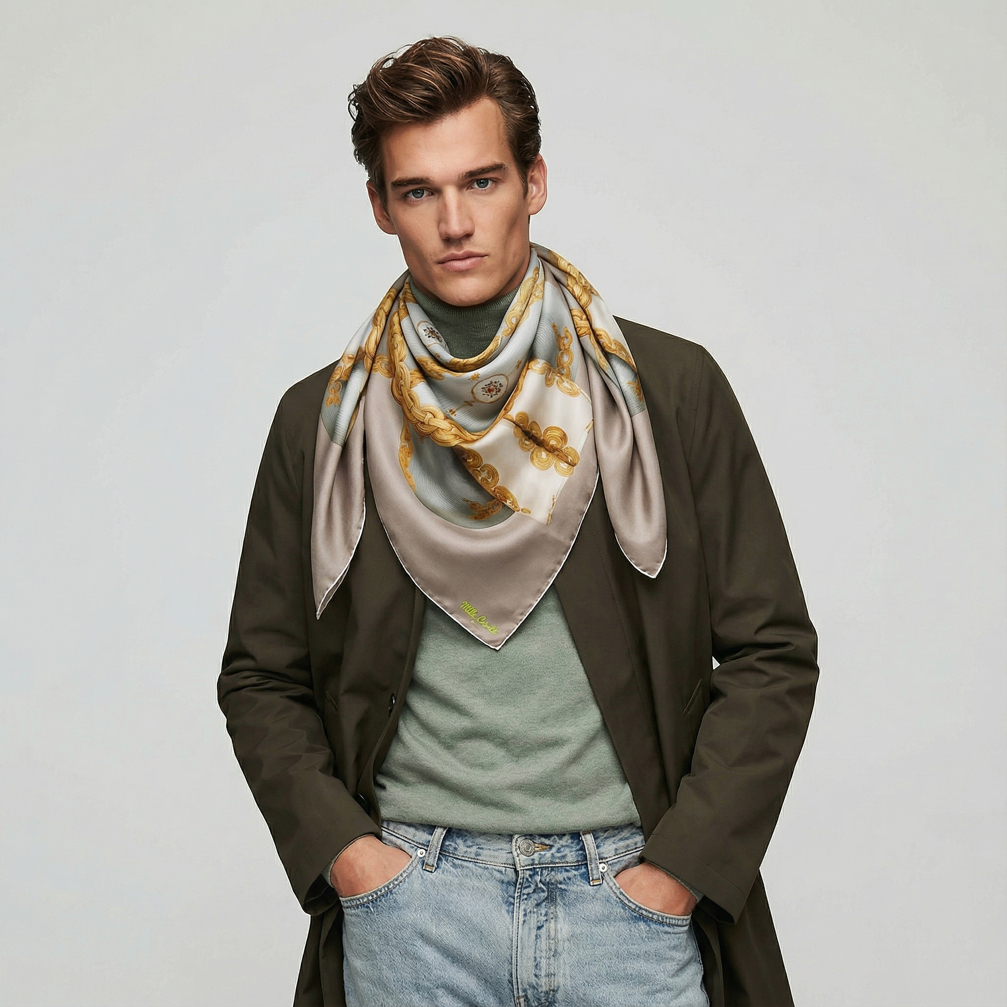 Mlle Ceinté Paris 100% silk twill scarf, gold chain knot design on beige, hand-rolled hem detail.