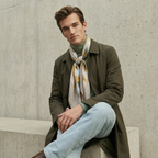 Mlle Ceinté Paris 100% silk twill scarf, gold chain knot design on beige, hand-rolled hem detail.