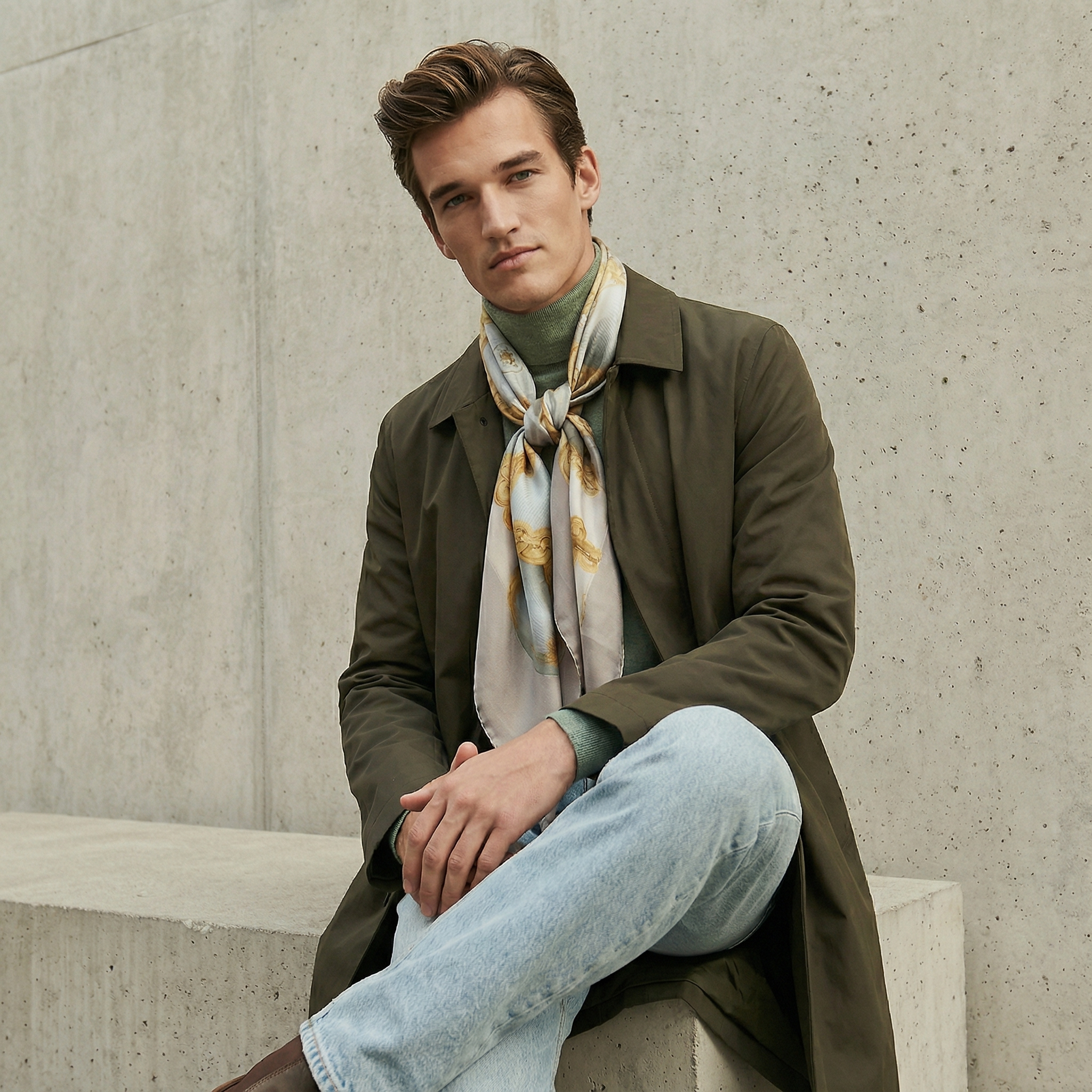 Mlle Ceinté Paris 100% silk twill scarf, gold chain knot design on beige, hand-rolled hem detail.