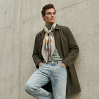 Mlle Ceinté Paris 100% silk twill scarf, gold chain knot design on beige, hand-rolled hem detail.