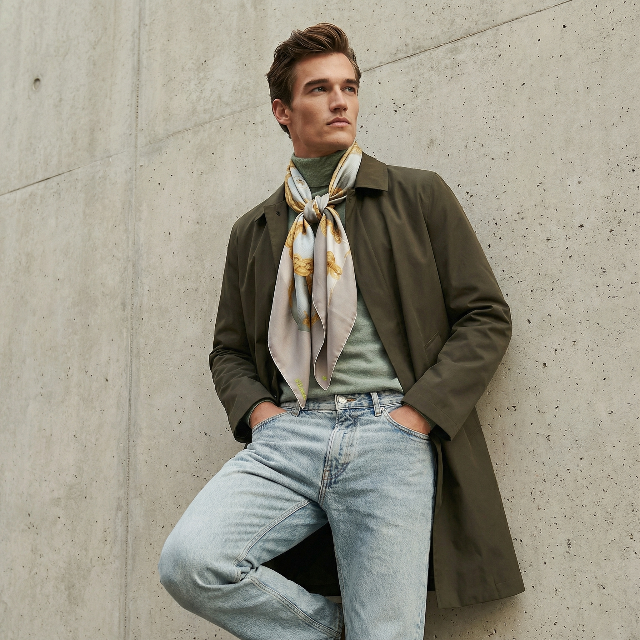 Mlle Ceinté Paris 100% silk twill scarf, gold chain knot design on beige, hand-rolled hem detail.