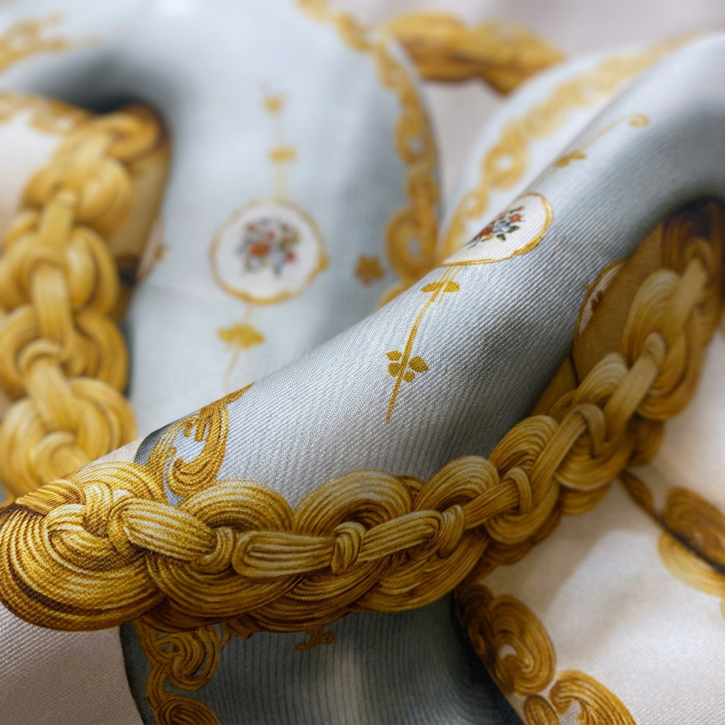 Mlle Ceinté Paris 100% silk twill scarf, gold chain knot design on beige, hand-rolled hem detail.
