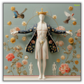 Mlle Ceinté Paris silk scarf, central anatomical mannequin figure with crown, surrounded by peonies and birds, grey and gold surrealist design