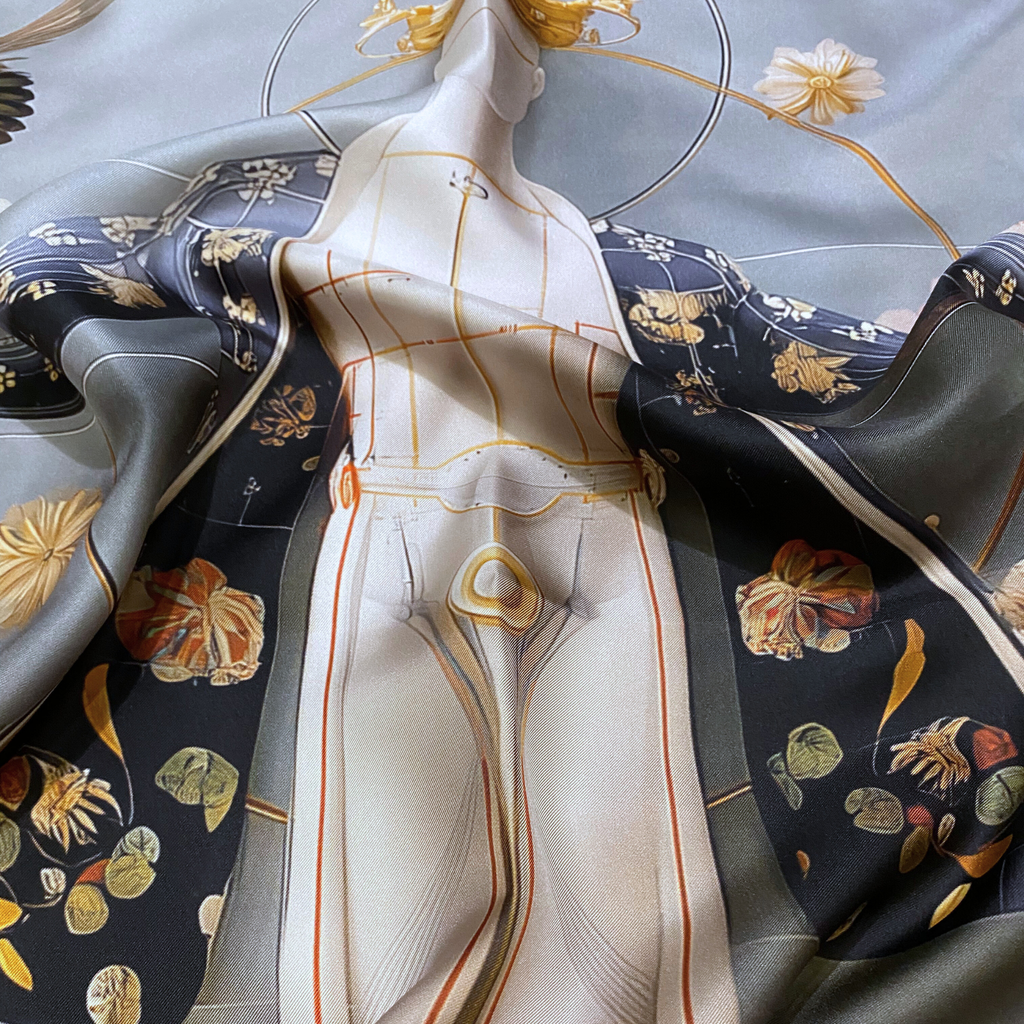 Mlle Ceinté Paris silk scarf, central anatomical mannequin figure with crown, surrounded by peonies and birds, grey and gold surrealist design