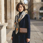 Mlle Ceinté Paris silk scarf, central anatomical mannequin figure with crown, surrounded by peonies and birds, grey and gold surrealist design