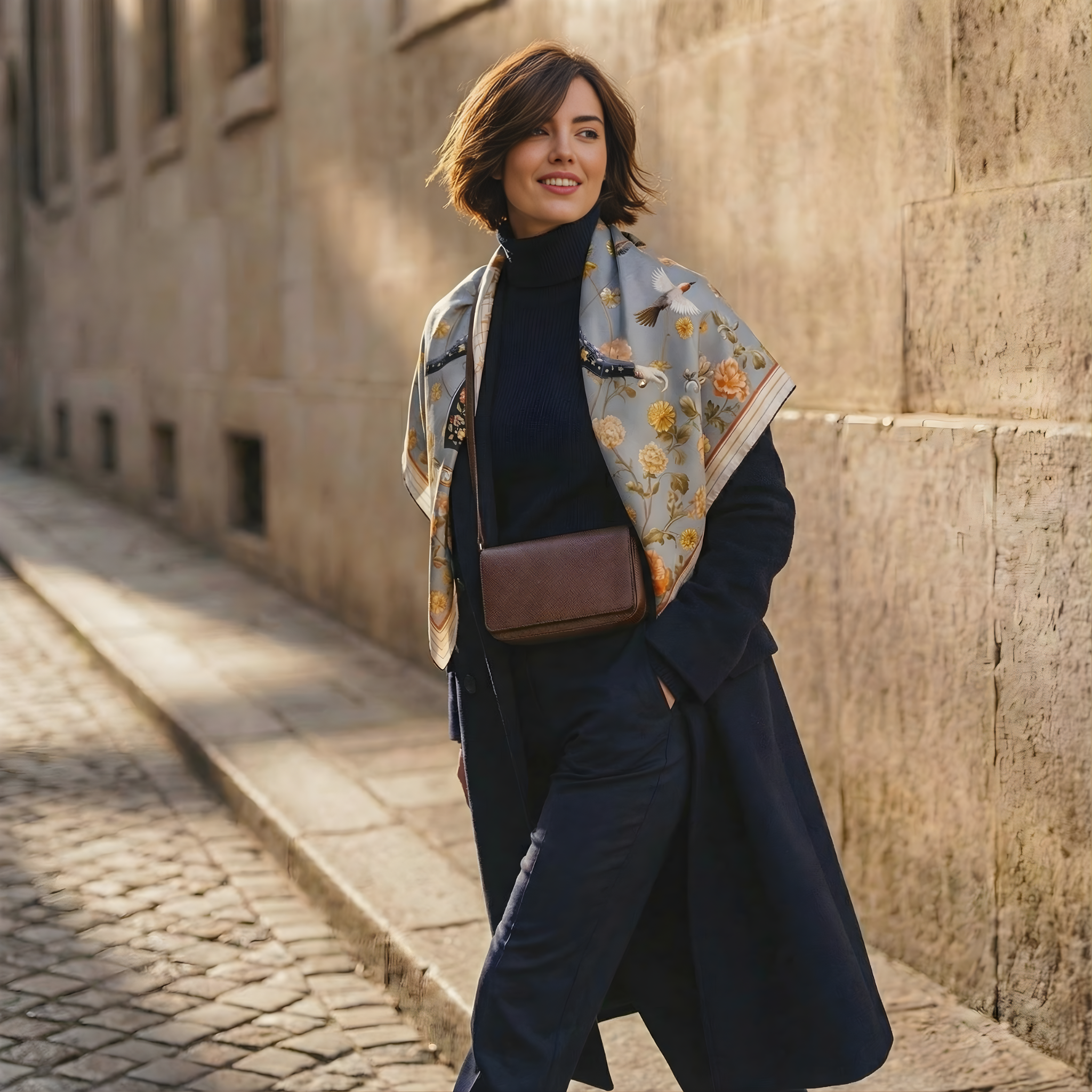 Mlle Ceinté Paris silk scarf, central anatomical mannequin figure with crown, surrounded by peonies and birds, grey and gold surrealist design