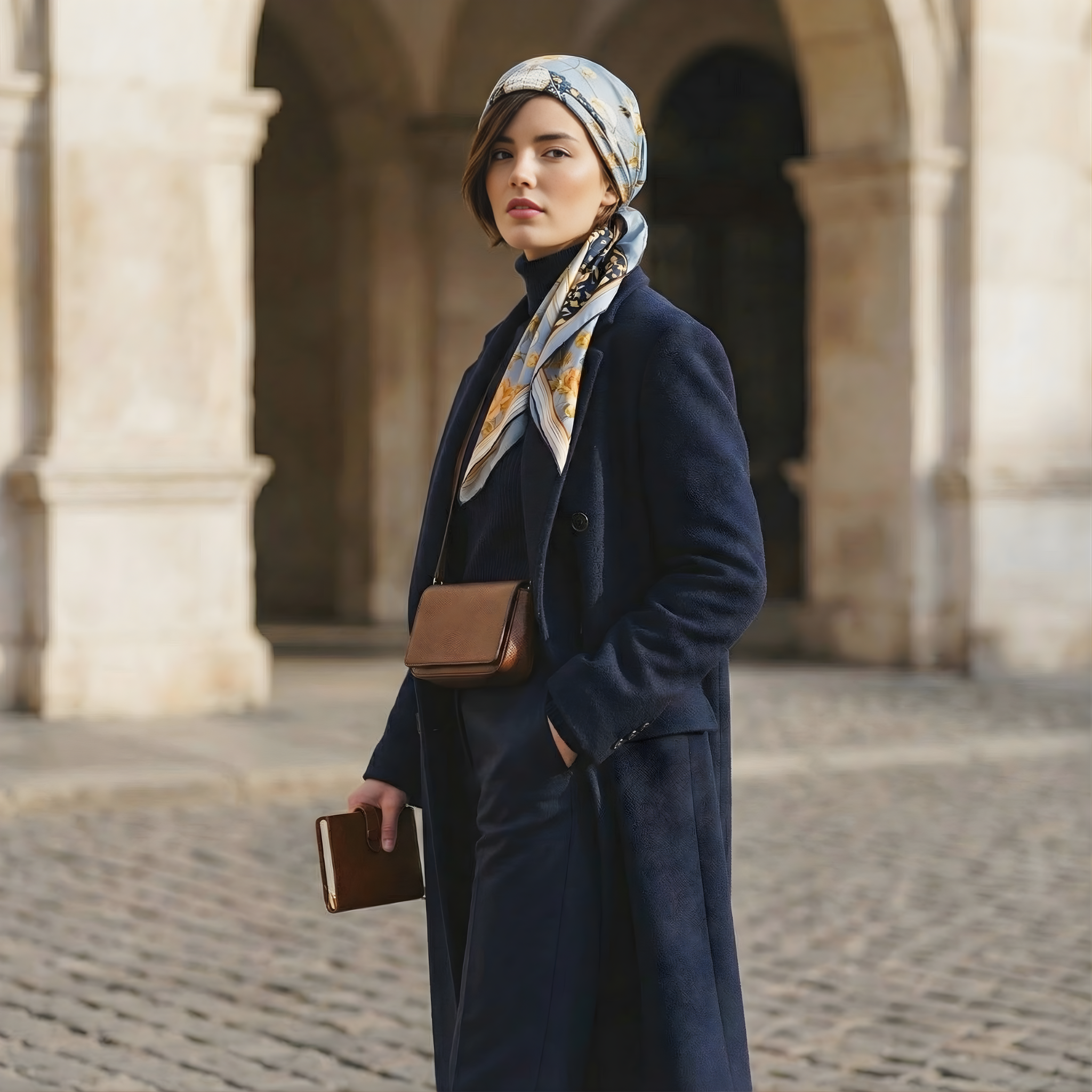 Mlle Ceinté Paris silk scarf, central anatomical mannequin figure with crown, surrounded by peonies and birds, grey and gold surrealist design