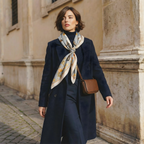 Mlle Ceinté Paris silk scarf, central anatomical mannequin figure with crown, surrounded by peonies and birds, grey and gold surrealist design