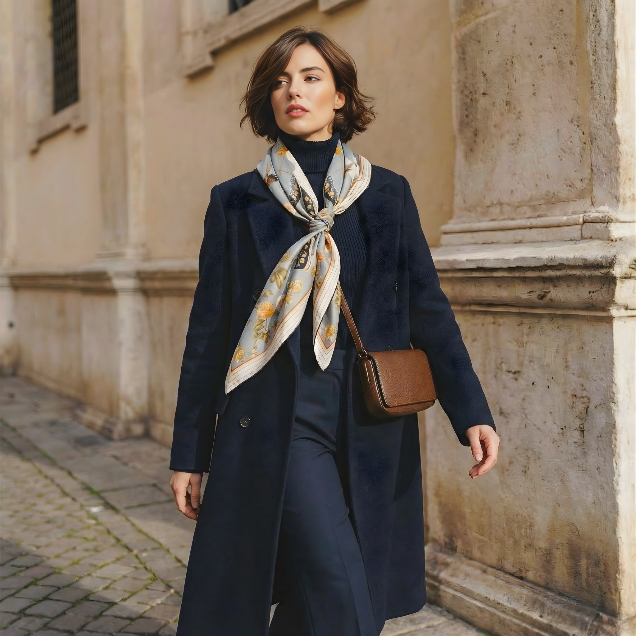Mlle Ceinté Paris silk scarf, central anatomical mannequin figure with crown, surrounded by peonies and birds, grey and gold surrealist design