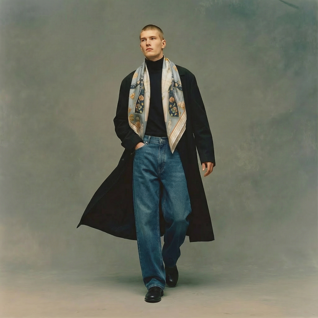 Mlle Ceinté Paris silk scarf, central anatomical mannequin figure with crown, surrounded by peonies and birds, grey and gold surrealist design