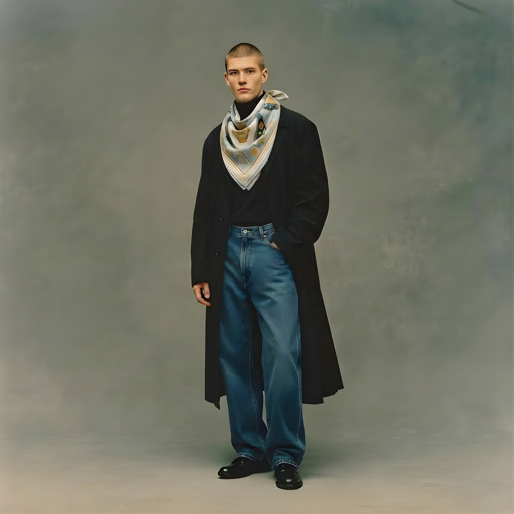 Mlle Ceinté Paris silk scarf, central anatomical mannequin figure with crown, surrounded by peonies and birds, grey and gold surrealist design