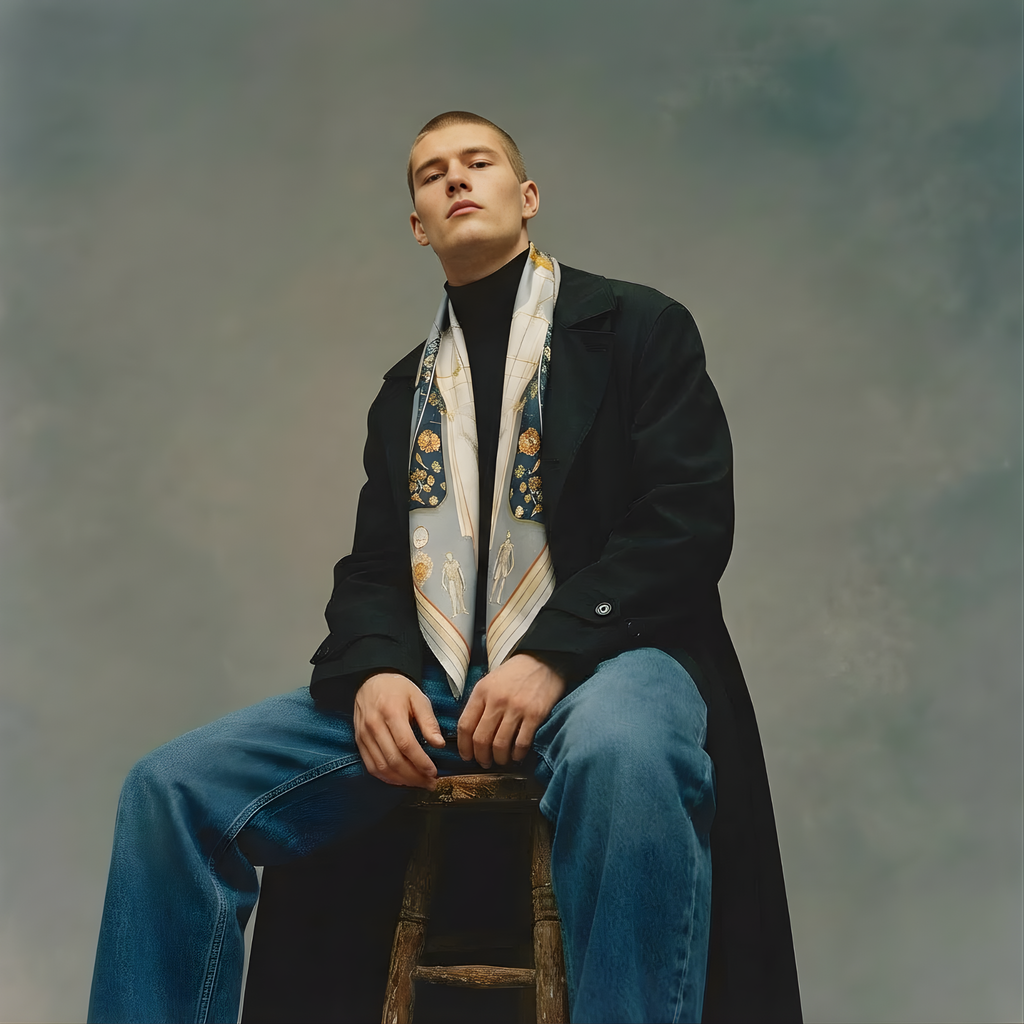 Mlle Ceinté Paris silk scarf, central anatomical mannequin figure with crown, surrounded by peonies and birds, grey and gold surrealist design