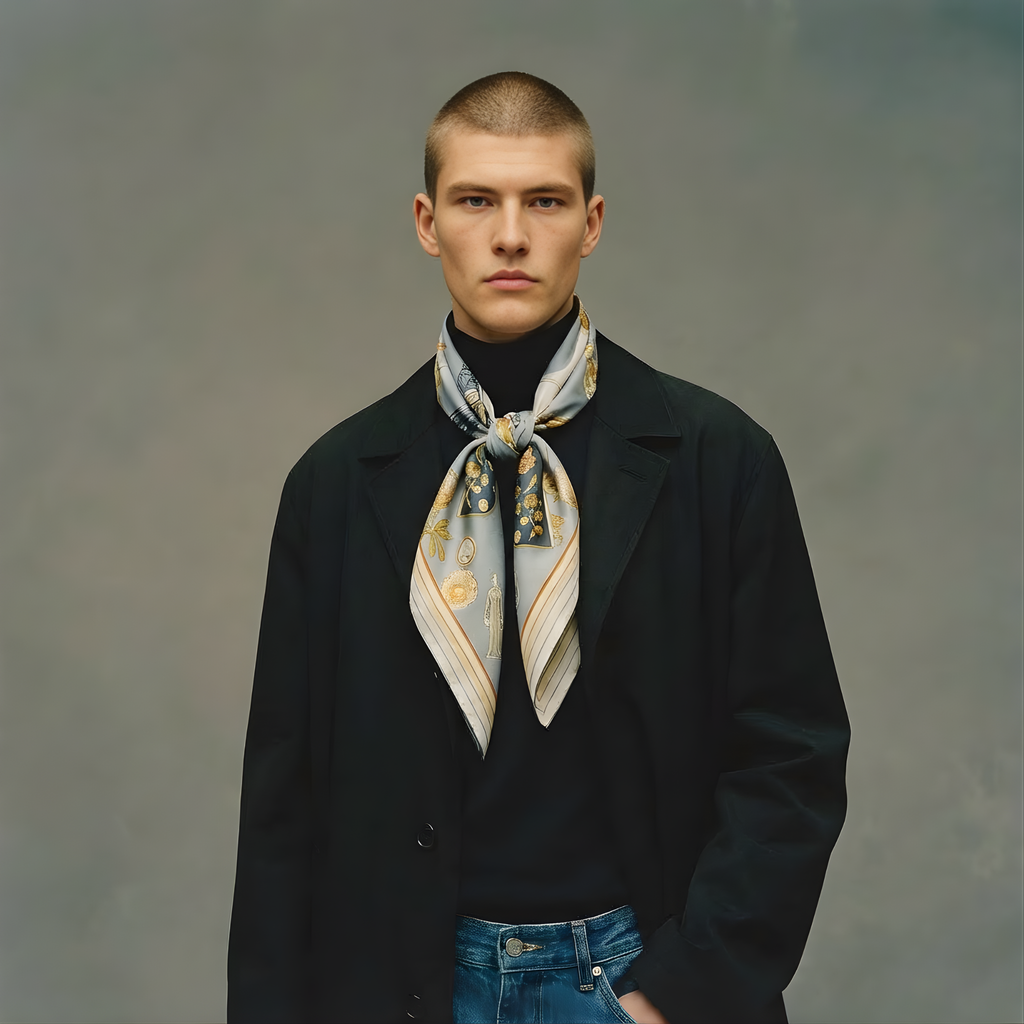 Mlle Ceinté Paris silk scarf, central anatomical mannequin figure with crown, surrounded by peonies and birds, grey and gold surrealist design