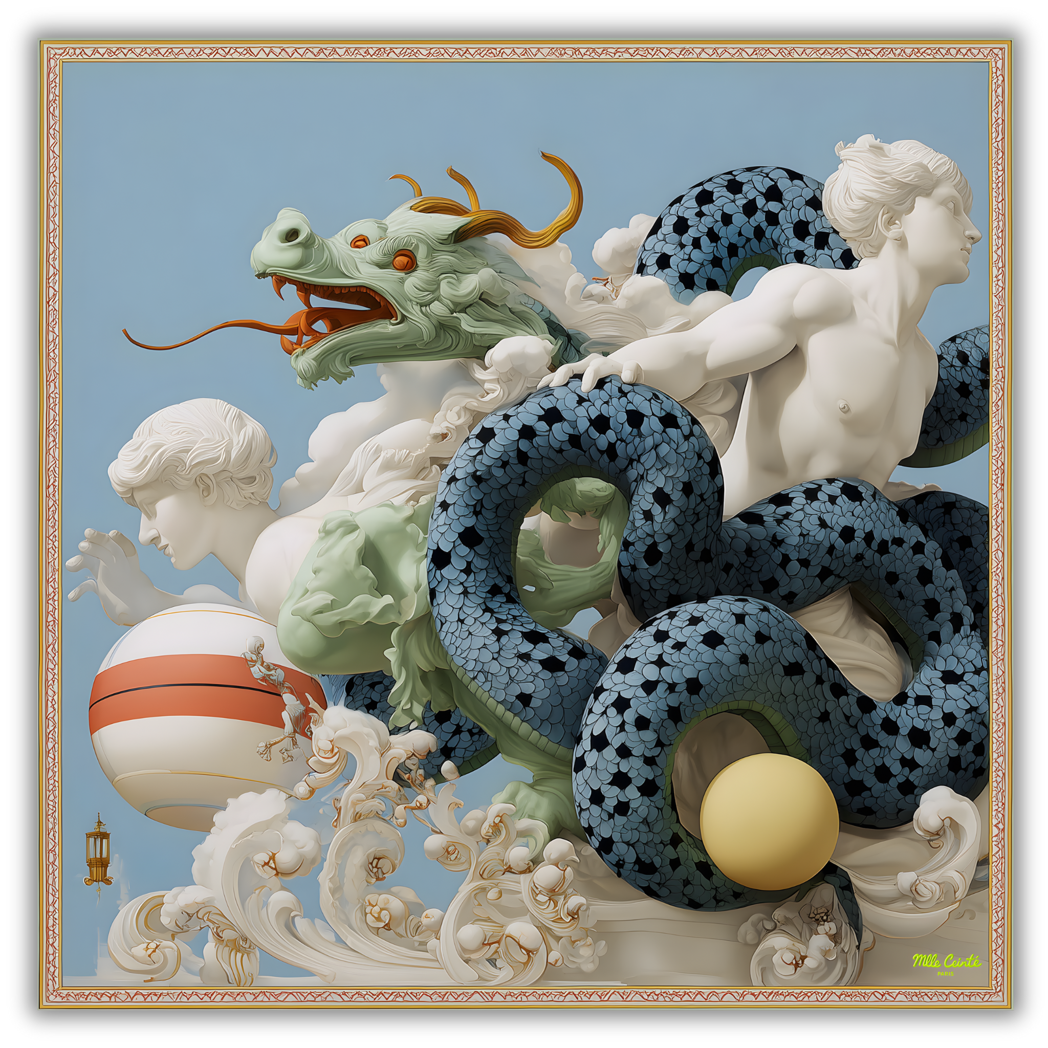 Mlle Ceinté Paris silk scarf, blue scaled dragon intertwining with classical marble statues, sky blue background with orange accents, hand-rolled hem.