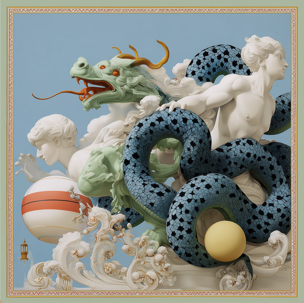 Mlle Ceinté Paris silk scarf, blue scaled dragon intertwining with classical marble statues, sky blue background with orange accents, hand-rolled hem.