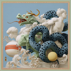 Mlle Ceinté Paris silk scarf, blue scaled dragon intertwining with classical marble statues, sky blue background with orange accents, hand-rolled hem.