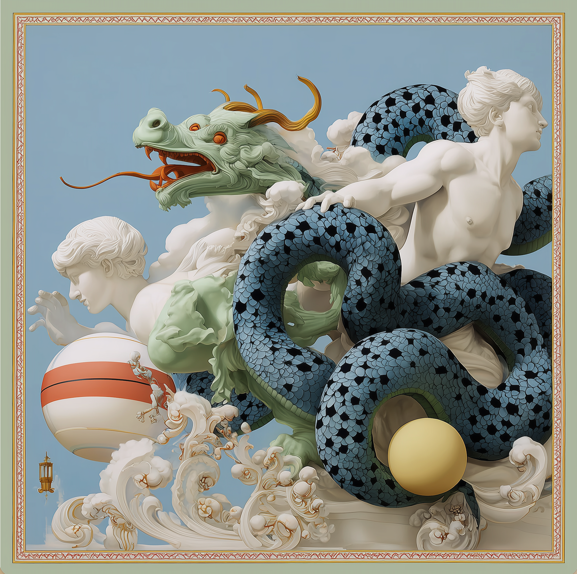 Mlle Ceinté Paris silk scarf, blue scaled dragon intertwining with classical marble statues, sky blue background with orange accents, hand-rolled hem.