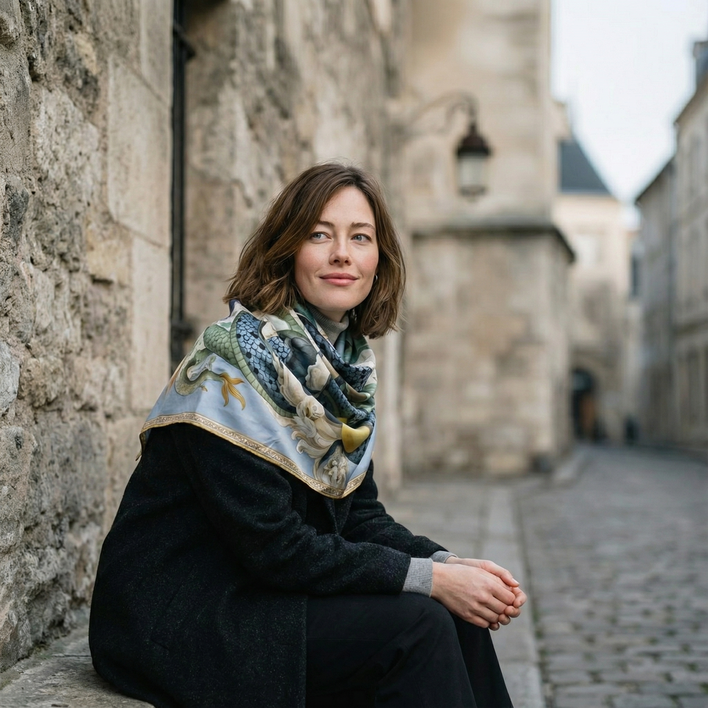 Mlle Ceinté Paris silk scarf, blue scaled dragon intertwining with classical marble statues, sky blue background with orange accents, hand-rolled hem.