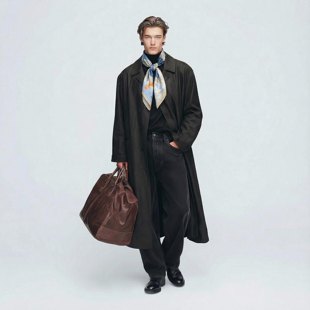 Mlle Ceinté Paris silk scarf, blue scaled dragon intertwining with classical marble statues, sky blue background with orange accents, hand-rolled hem.