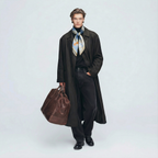 Mlle Ceinté Paris silk scarf, blue scaled dragon intertwining with classical marble statues, sky blue background with orange accents, hand-rolled hem.