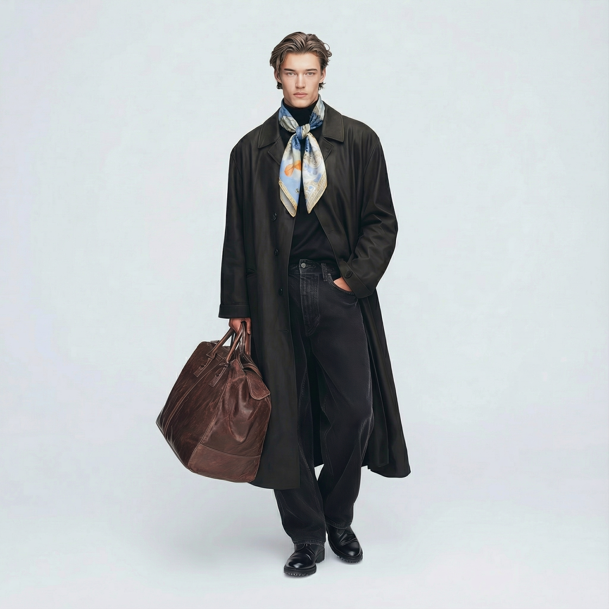 Mlle Ceinté Paris silk scarf, blue scaled dragon intertwining with classical marble statues, sky blue background with orange accents, hand-rolled hem.