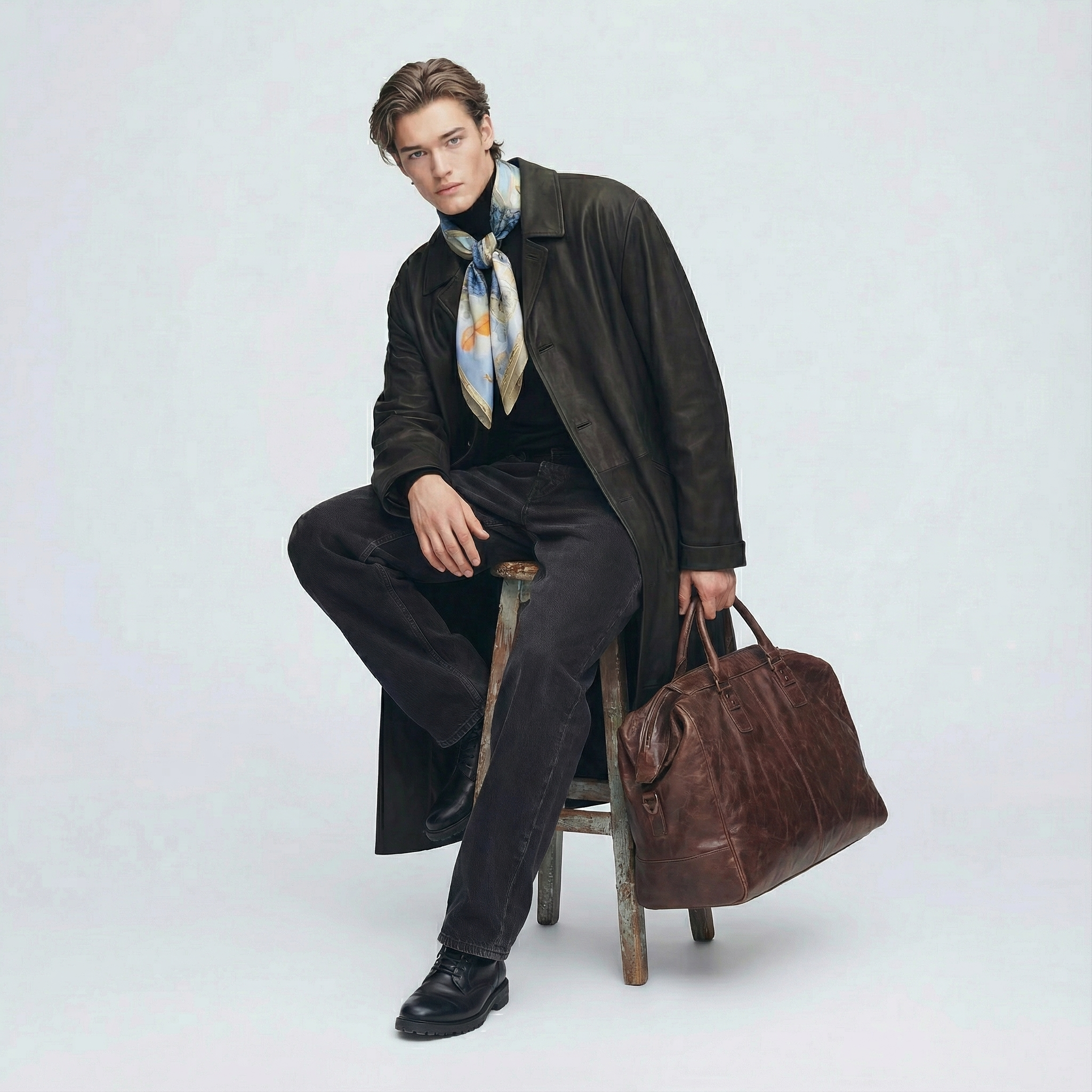 Mlle Ceinté Paris silk scarf, blue scaled dragon intertwining with classical marble statues, sky blue background with orange accents, hand-rolled hem.