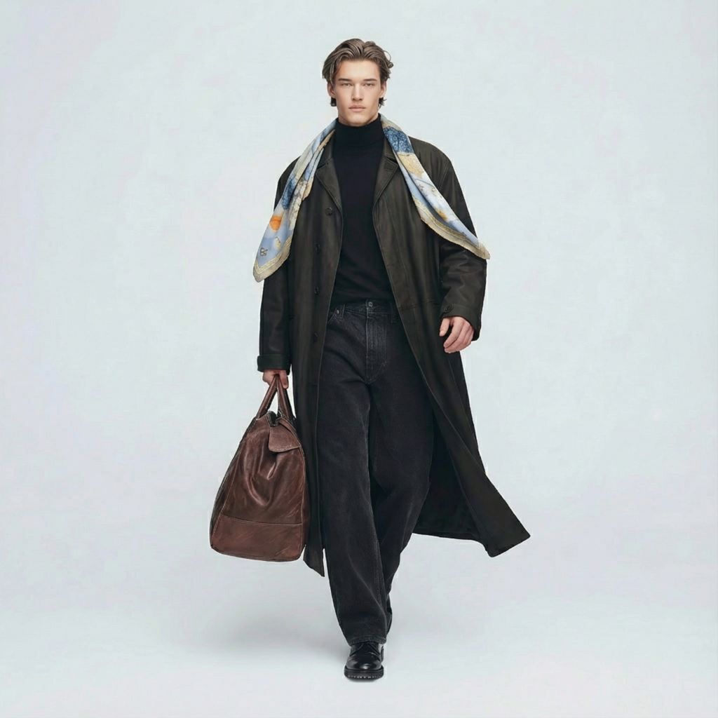 Mlle Ceinté Paris silk scarf, blue scaled dragon intertwining with classical marble statues, sky blue background with orange accents, hand-rolled hem.