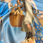 Mlle Ceinté Paris silk scarf, three figures carrying baskets of peaches, blue floral clothing, blue sky background harvest procession.