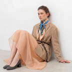 Mlle Ceinté Paris silk scarf, three figures carrying baskets of peaches, blue floral clothing, blue sky background harvest procession.