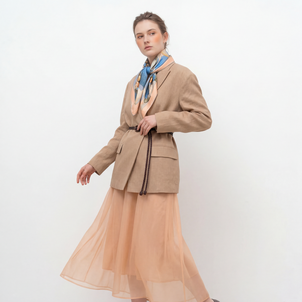 Mlle Ceinté Paris silk scarf, three figures carrying baskets of peaches, blue floral clothing, blue sky background harvest procession.