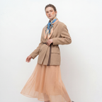 Mlle Ceinté Paris silk scarf, three figures carrying baskets of peaches, blue floral clothing, blue sky background harvest procession.