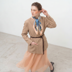 Mlle Ceinté Paris silk scarf, three figures carrying baskets of peaches, blue floral clothing, blue sky background harvest procession.