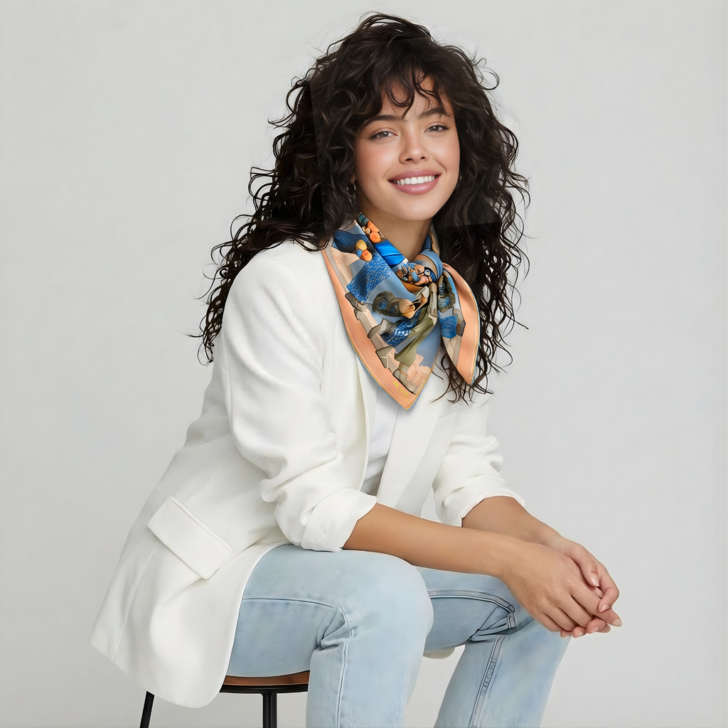 Mlle Ceinté Paris silk scarf, three figures carrying baskets of peaches, blue floral clothing, blue sky background harvest procession.