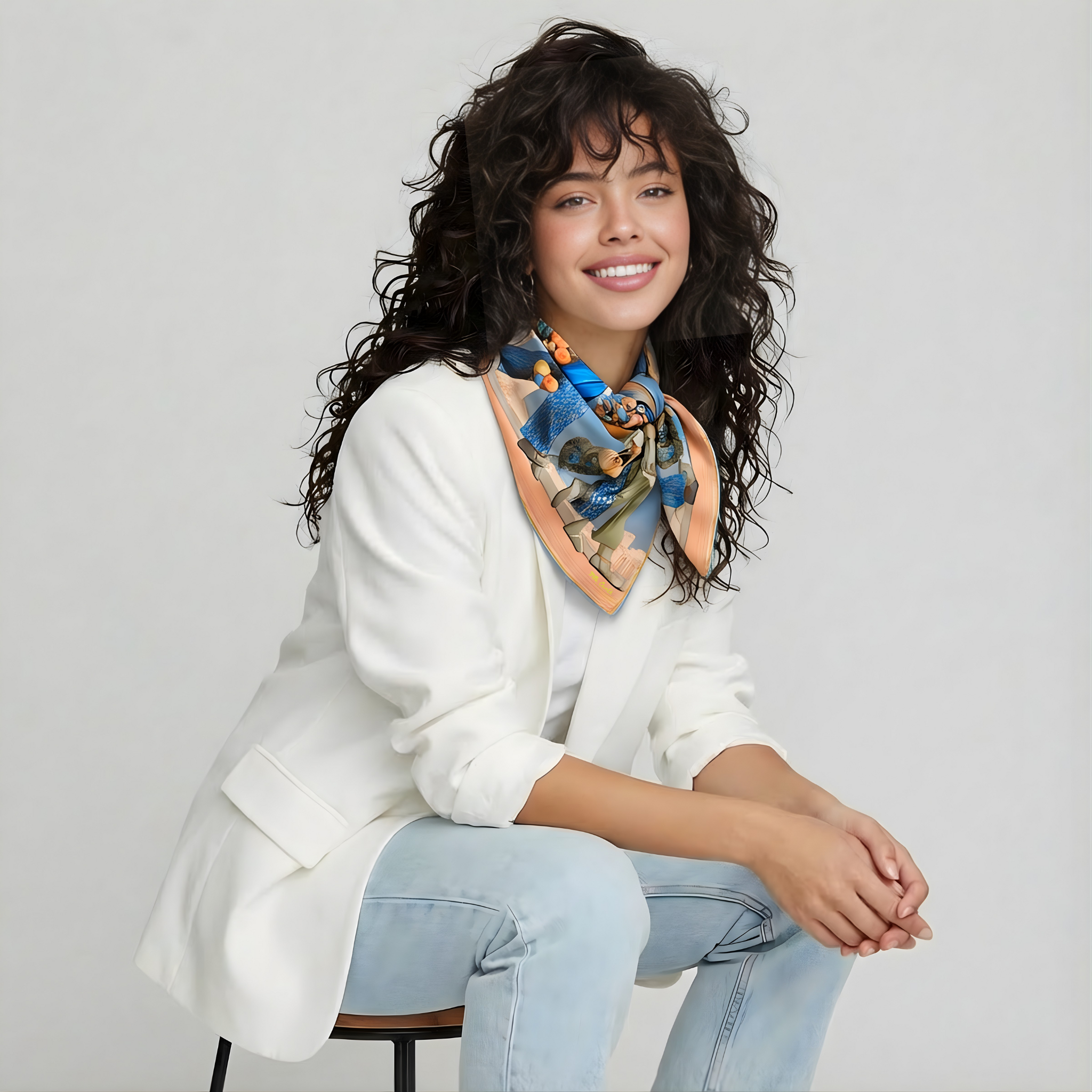 Mlle Ceinté Paris silk scarf, three figures carrying baskets of peaches, blue floral clothing, blue sky background harvest procession.