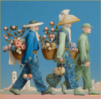 Mlle Ceinté Paris silk scarf, three figures carrying baskets of peaches, blue floral clothing, blue sky background harvest procession.