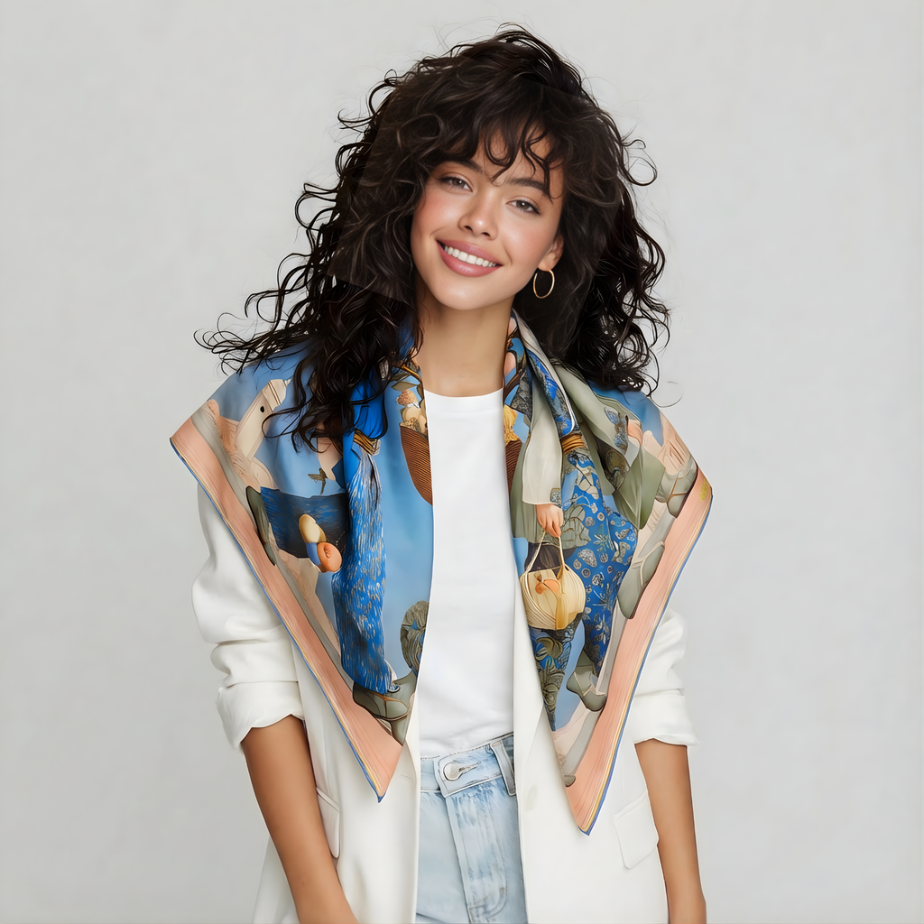 Mlle Ceinté Paris silk scarf, three figures carrying baskets of peaches, blue floral clothing, blue sky background harvest procession.