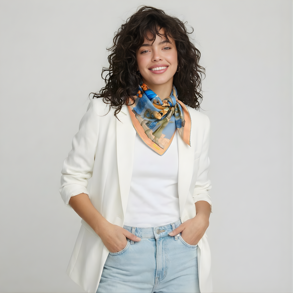 Mlle Ceinté Paris silk scarf, three figures carrying baskets of peaches, blue floral clothing, blue sky background harvest procession.