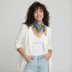 Mlle Ceinté Paris silk scarf, three figures carrying baskets of peaches, blue floral clothing, blue sky background harvest procession.