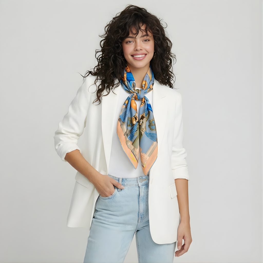 Mlle Ceinté Paris silk scarf, three figures carrying baskets of peaches, blue floral clothing, blue sky background harvest procession.