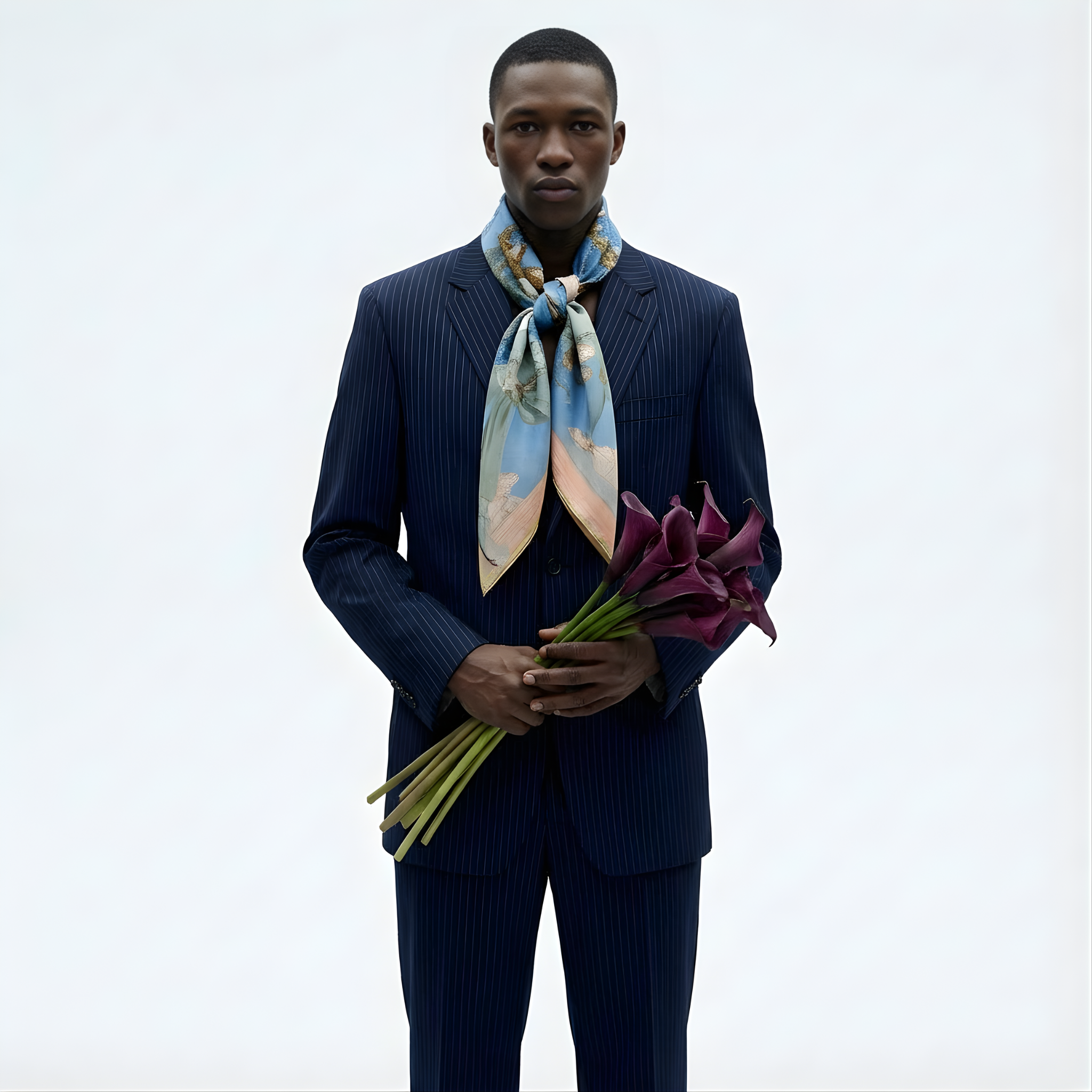 Mlle Ceinté Paris silk scarf, three figures carrying baskets of peaches, blue floral clothing, blue sky background harvest procession.
