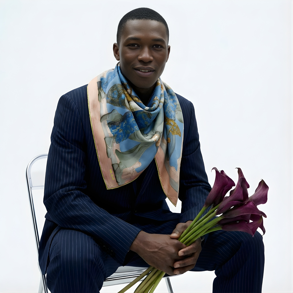 Mlle Ceinté Paris silk scarf, three figures carrying baskets of peaches, blue floral clothing, blue sky background harvest procession.