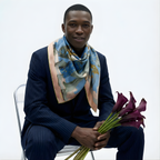 Mlle Ceinté Paris silk scarf, three figures carrying baskets of peaches, blue floral clothing, blue sky background harvest procession.