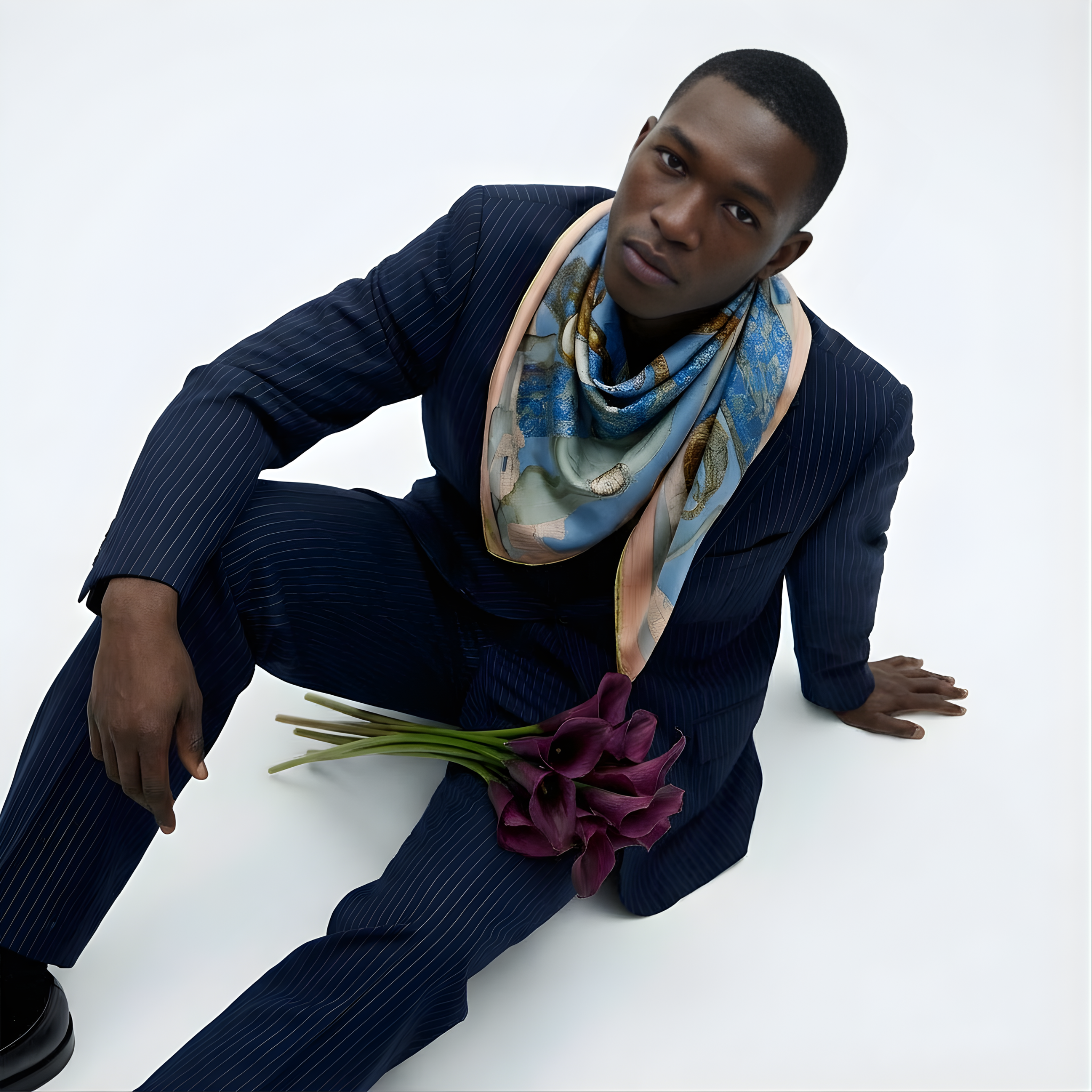 Mlle Ceinté Paris silk scarf, three figures carrying baskets of peaches, blue floral clothing, blue sky background harvest procession.
