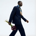 Mlle Ceinté Paris silk scarf, three figures carrying baskets of peaches, blue floral clothing, blue sky background harvest procession.