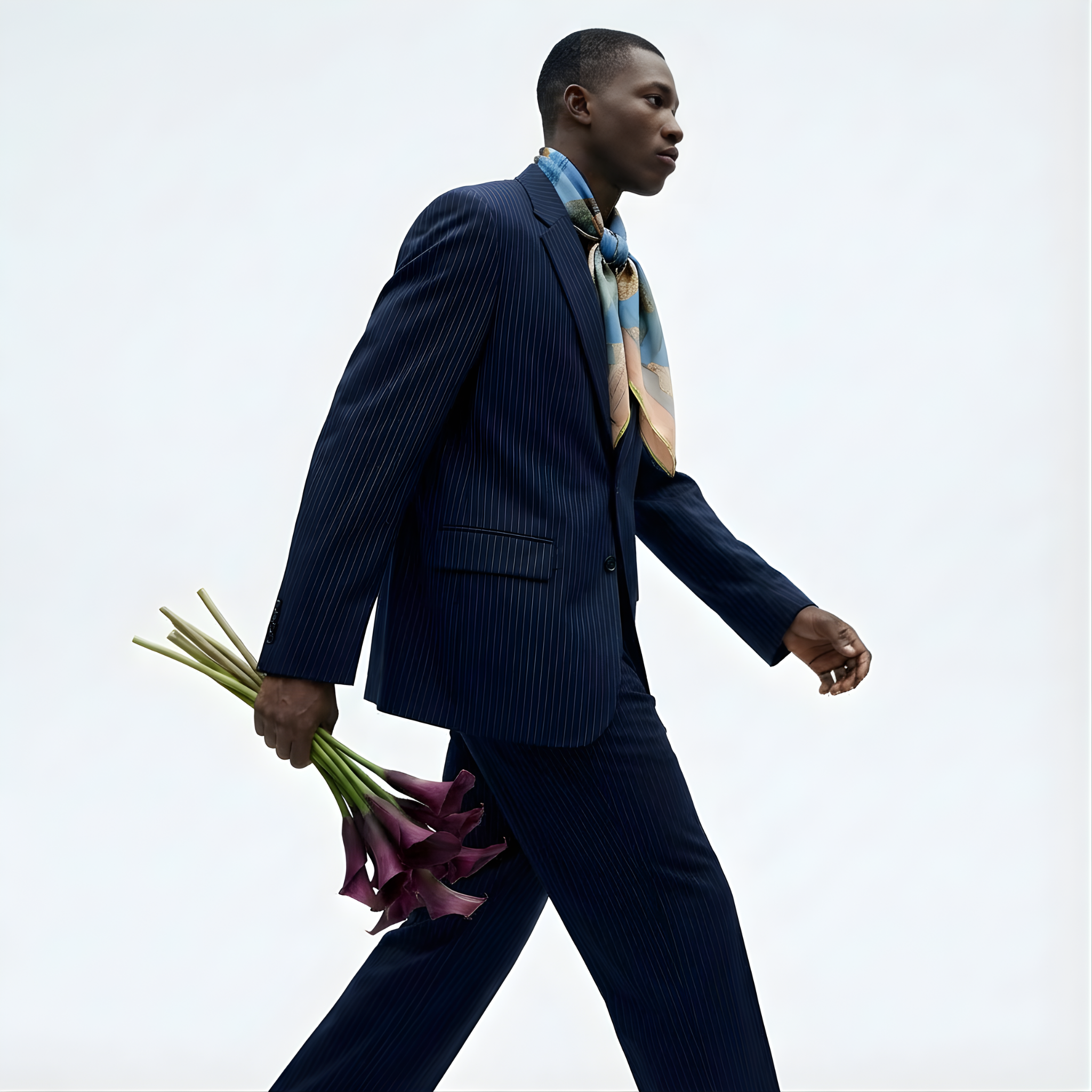 Mlle Ceinté Paris silk scarf, three figures carrying baskets of peaches, blue floral clothing, blue sky background harvest procession.
