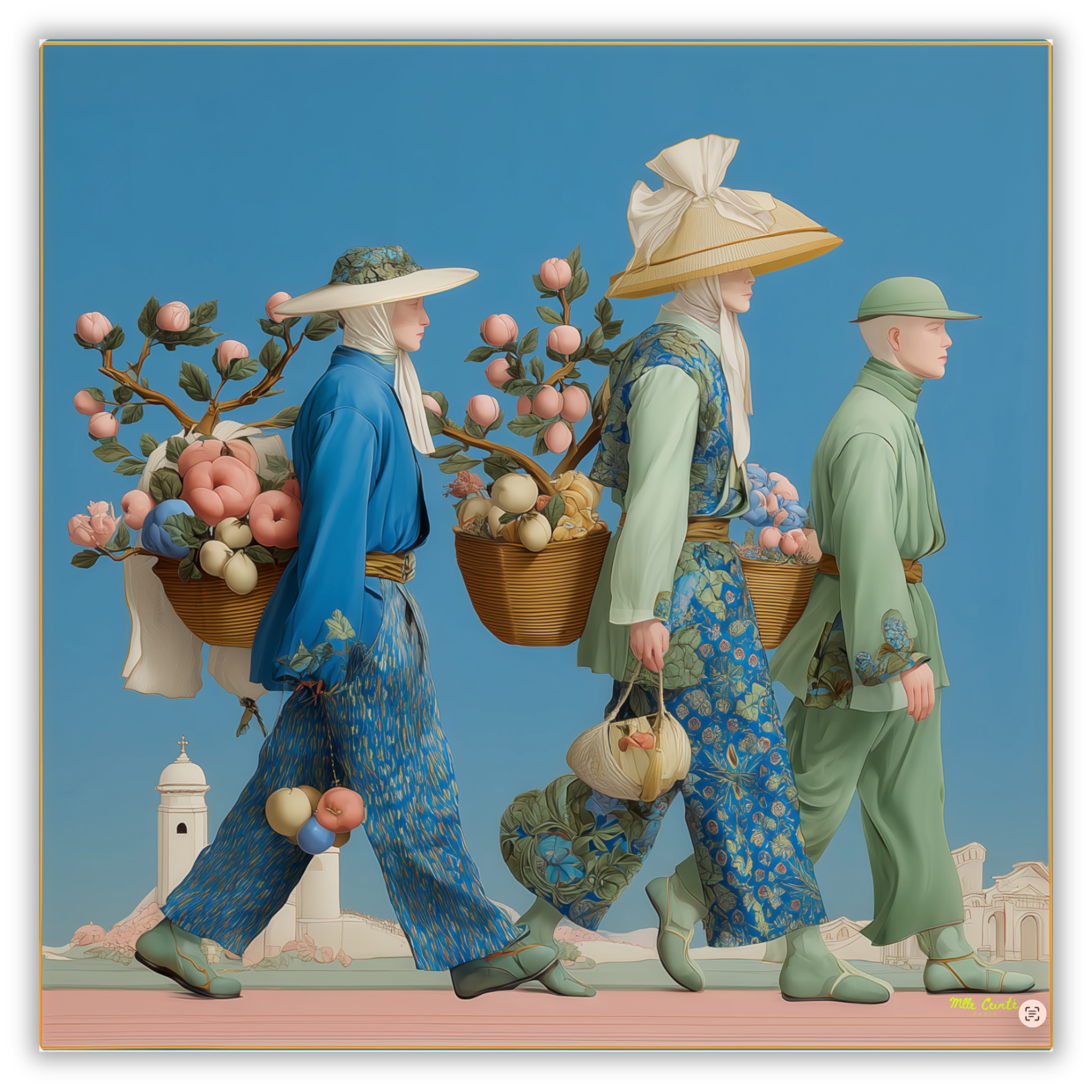 Mlle Ceinté Paris silk scarf, three figures carrying baskets of peaches, blue floral clothing, blue sky background harvest procession.